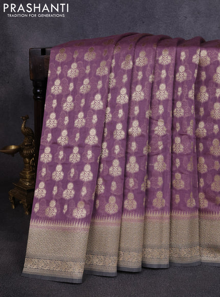 Banarasi silk cotton saree pastel purple and grey with allover thread & zari woven buttas and woven border