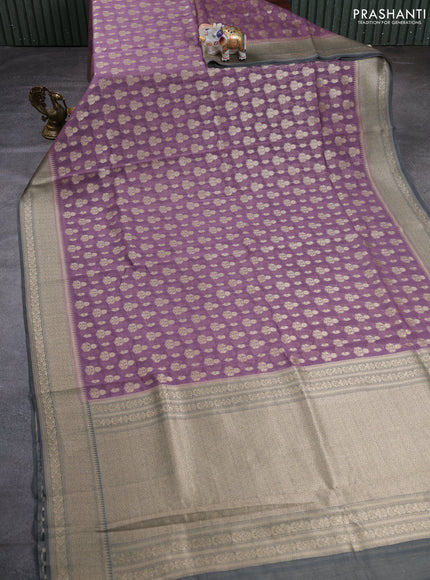 Banarasi silk cotton saree pastel purple and grey with allover thread & zari woven buttas and woven border