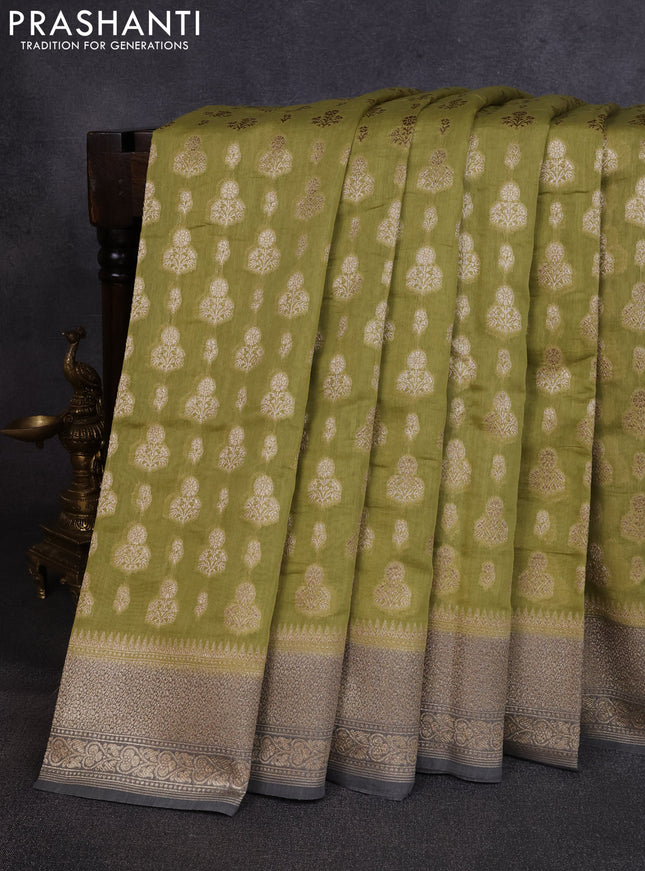 Banarasi silk cotton saree pista green and grey with allover thread & zari woven buttas and woven border
