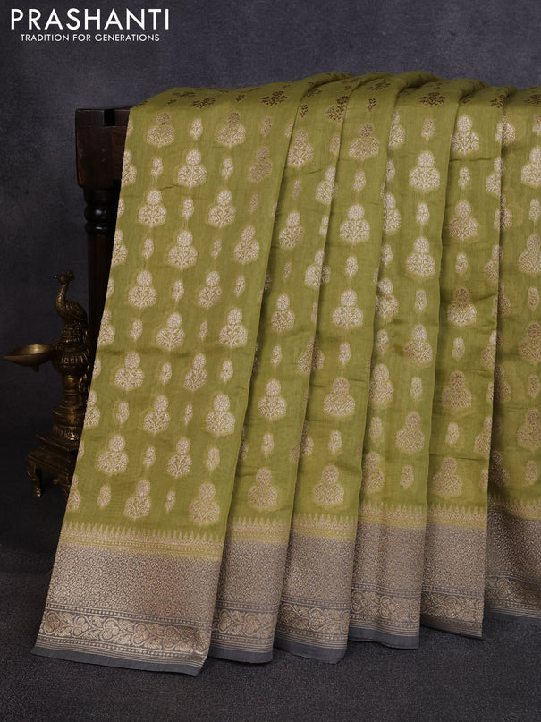 Banarasi silk cotton saree pista green and grey with allover thread & zari woven buttas and woven border