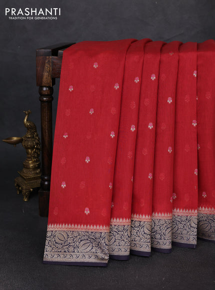 Banarasi silk cotton saree maroon and navy blue with allover thread & zari woven buttas and woven border