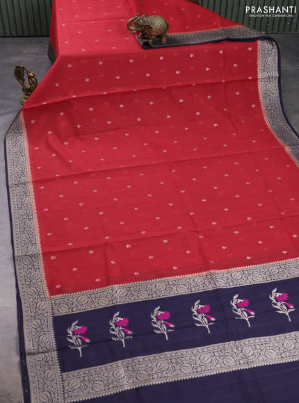 Banarasi silk cotton saree maroon and navy blue with allover thread & zari woven buttas and woven border