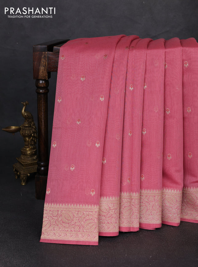 Banarasi silk cotton saree peach pink with allover thread & zari woven buttas and woven border