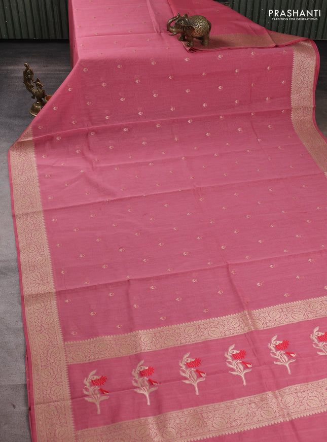 Banarasi silk cotton saree peach pink with allover thread & zari woven buttas and woven border