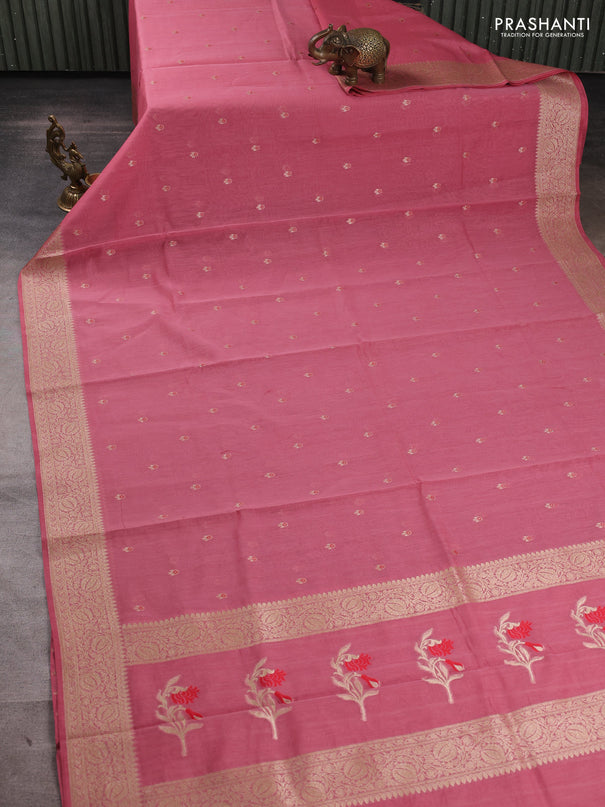 Banarasi silk cotton saree peach pink with allover thread & zari woven buttas and woven border