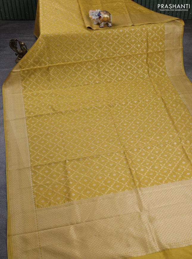 Banarasi silk cotton saree mustard yellow with allover thread & zari weaves and woven border