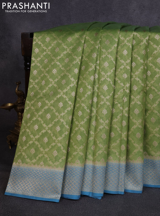 Banarasi silk cotton saree pista green and blue with allover thread & zari weaves and woven border