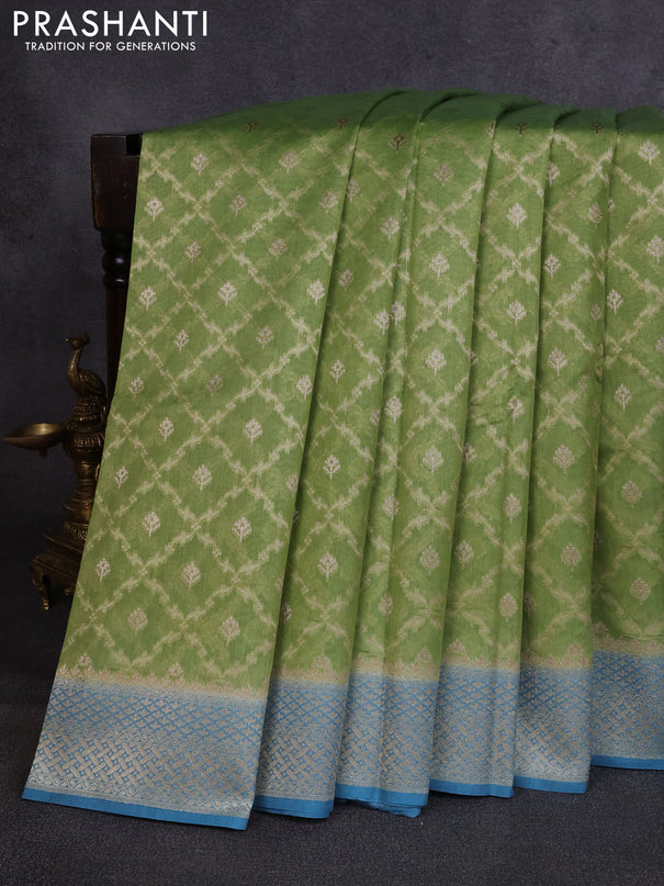 Banarasi silk cotton saree pista green and blue with allover thread & zari weaves and woven border