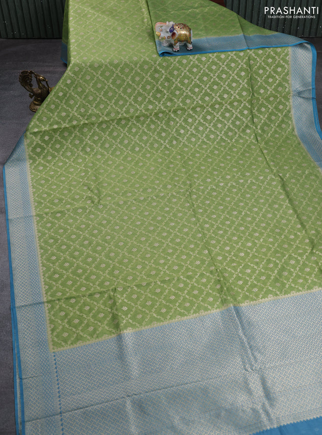 Banarasi silk cotton saree pista green and blue with allover thread & zari weaves and woven border