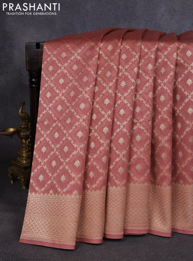 Banarasi silk cotton saree dark peach with allover thread & zari weaves and woven border