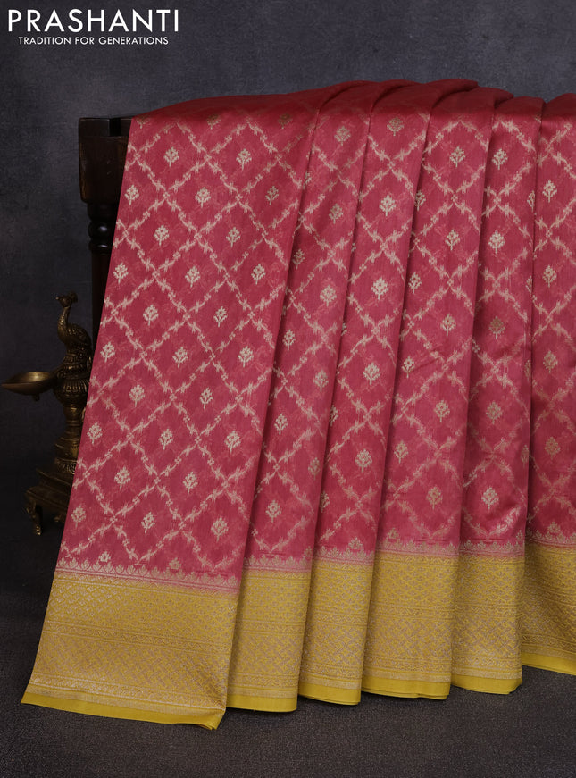 Banarasi silk cotton saree peach pink and mustard yellow with allover thread & zari weaves and woven border