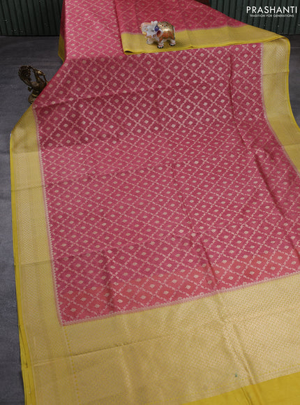 Banarasi silk cotton saree peach pink and mustard yellow with allover thread & zari weaves and woven border