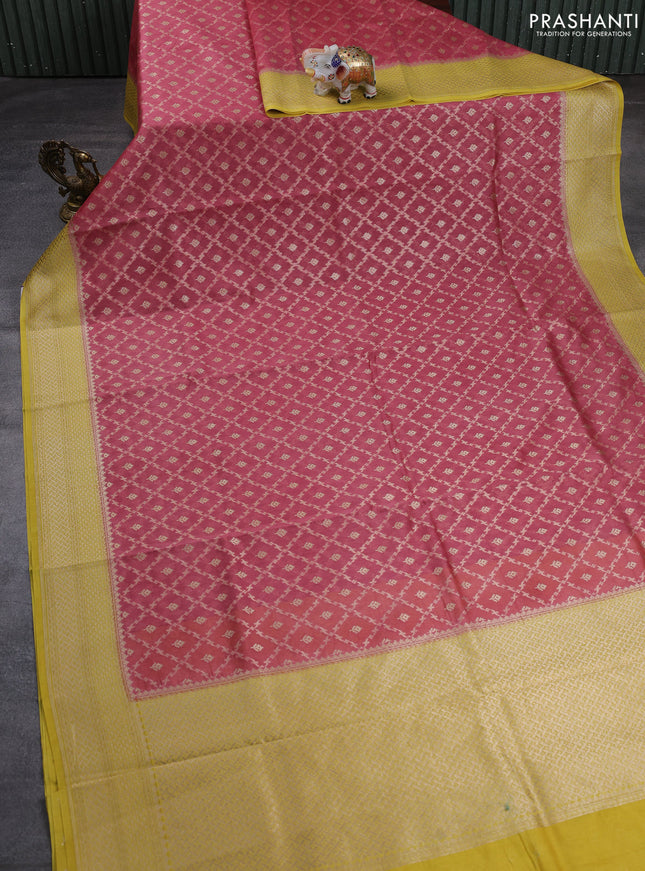 Banarasi silk cotton saree peach pink and mustard yellow with allover thread & zari weaves and woven border