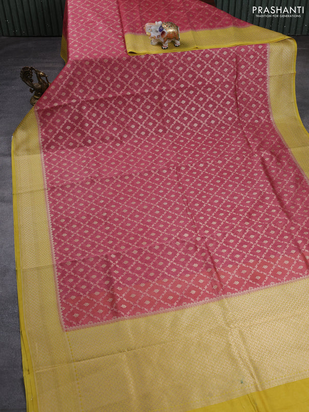 Banarasi silk cotton saree peach pink and mustard yellow with allover thread & zari weaves and woven border