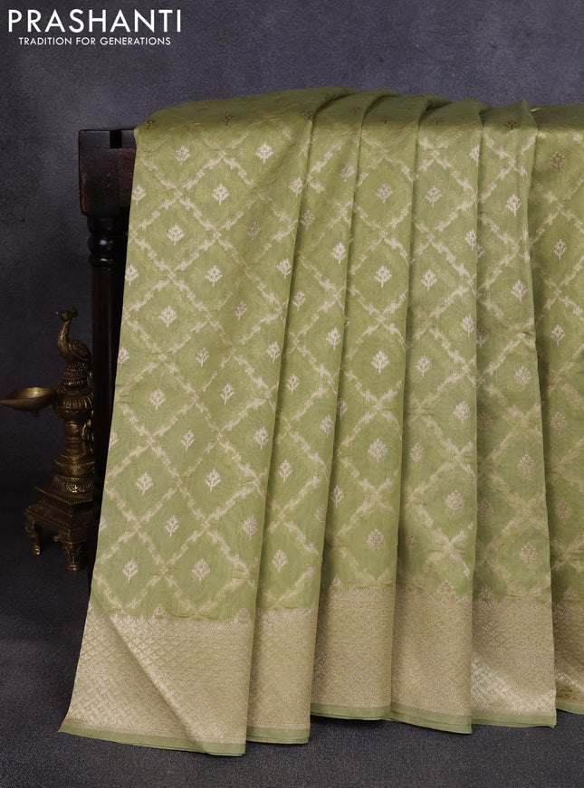 Banarasi silk cotton saree pista green with allover thread & zari weaves and woven border