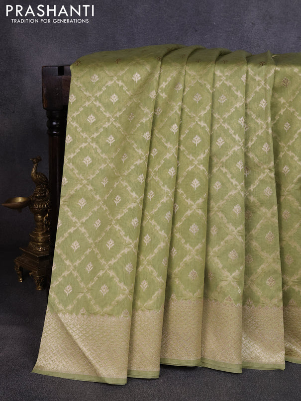 Banarasi silk cotton saree pista green with allover thread & zari weaves and woven border