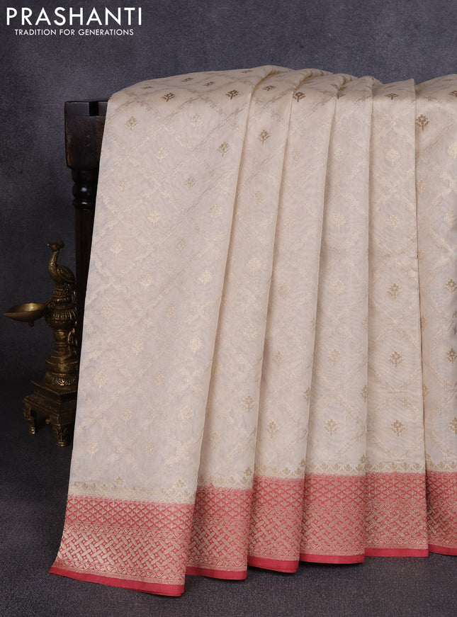 Banarasi silk cotton saree cream and pastel maroon with allover thread & zari weaves and woven border