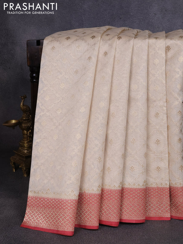 Banarasi silk cotton saree cream and pastel maroon with allover thread & zari weaves and woven border