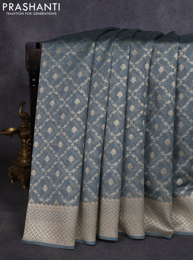 Banarasi silk cotton saree grey with allover thread & zari weaves and woven border