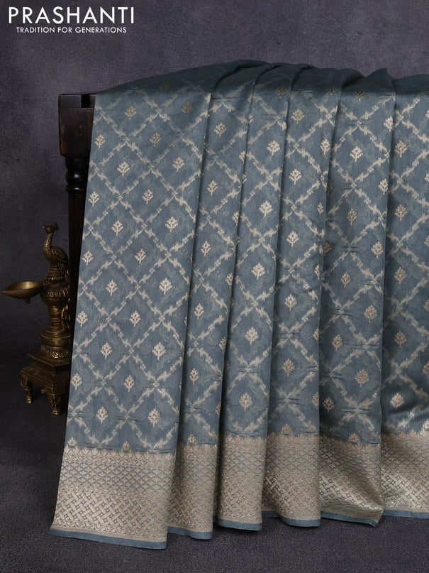 Banarasi silk cotton saree grey with allover thread & zari weaves and woven border
