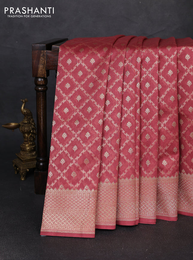 Banarasi silk cotton saree peach pink with allover thread & zari weaves and woven border