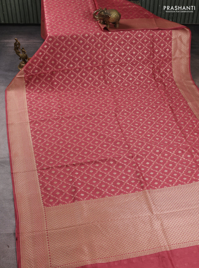 Banarasi silk cotton saree peach pink with allover thread & zari weaves and woven border