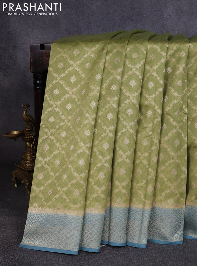 Banarasi silk cotton saree pista green and greish blue with allover thread & zari weaves and woven border