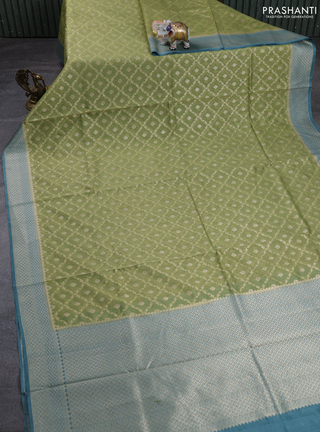 Banarasi silk cotton saree pista green and greish blue with allover thread & zari weaves and woven border