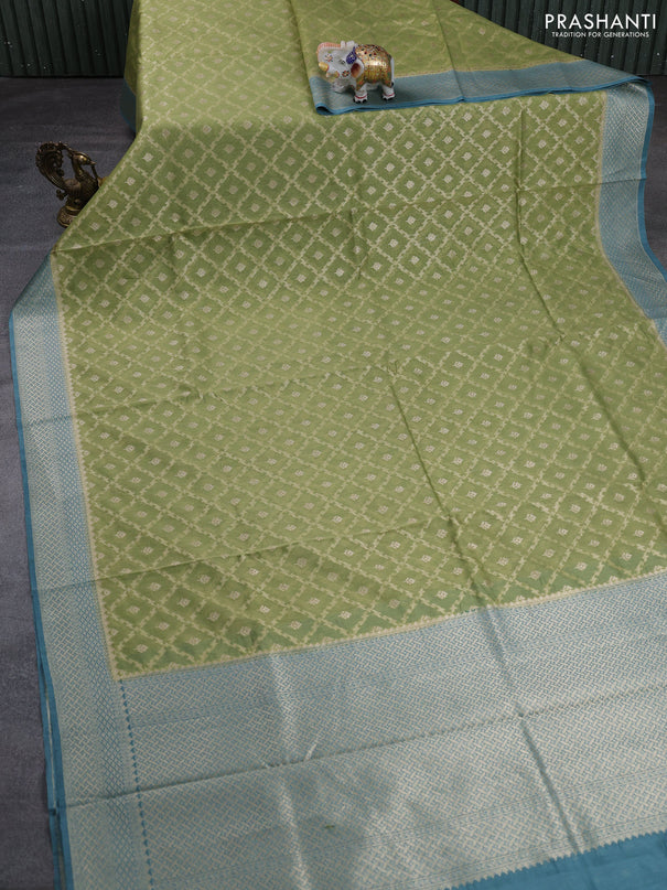 Banarasi silk cotton saree pista green and greish blue with allover thread & zari weaves and woven border