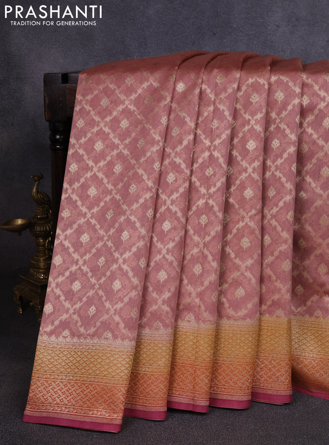 Banarasi silk cotton saree dark peach with allover thread & zari weaves and woven border