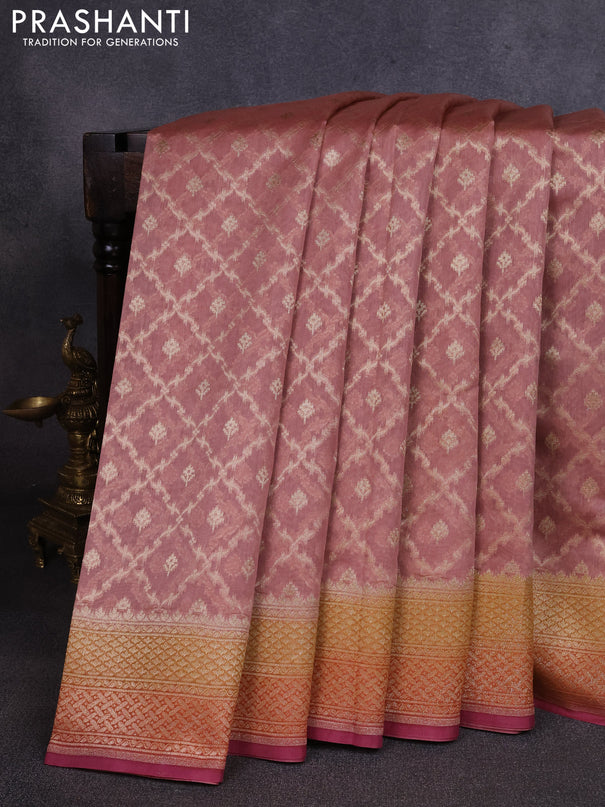 Banarasi silk cotton saree dark peach with allover thread & zari weaves and woven border