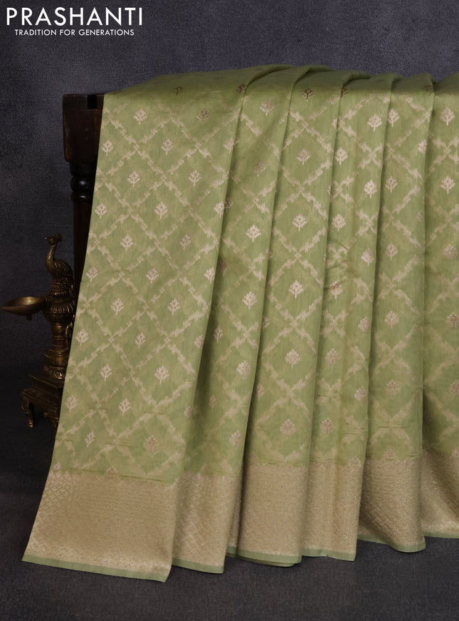 Banarasi silk cotton saree pastel green with allover thread & zari weaves and woven border