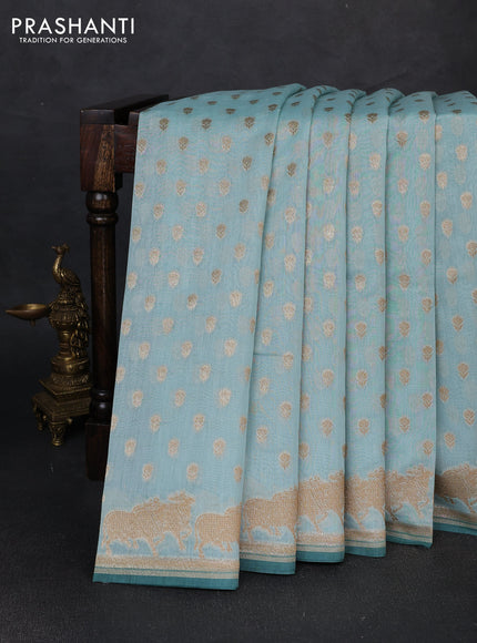 Banarasi silk cotton saree pastel blue and peacock green with allover thread & zari woven buttas and pichwai woven border