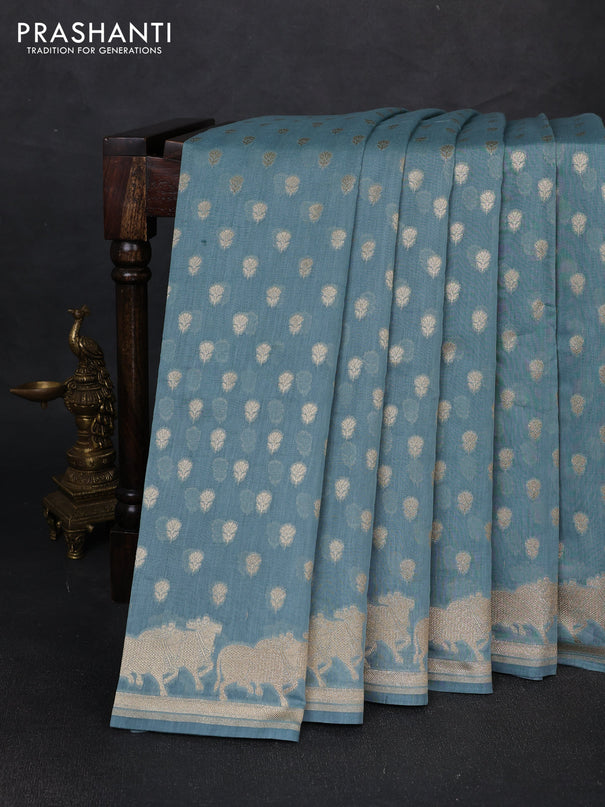 Banarasi silk cotton saree greyish blue with allover thread & zari woven buttas and pichwai woven border