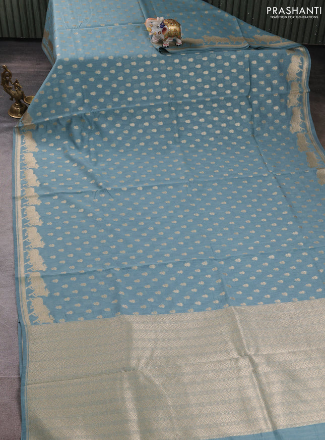 Banarasi silk cotton saree greyish blue with allover thread & zari woven buttas and pichwai woven border