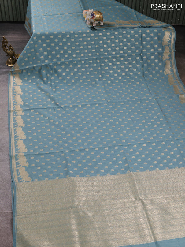 Banarasi silk cotton saree greyish blue with allover thread & zari woven buttas and pichwai woven border