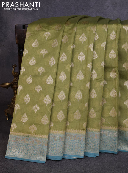 Banarasi silk cotton saree pista green with allover thread & zari woven buttas and woven border