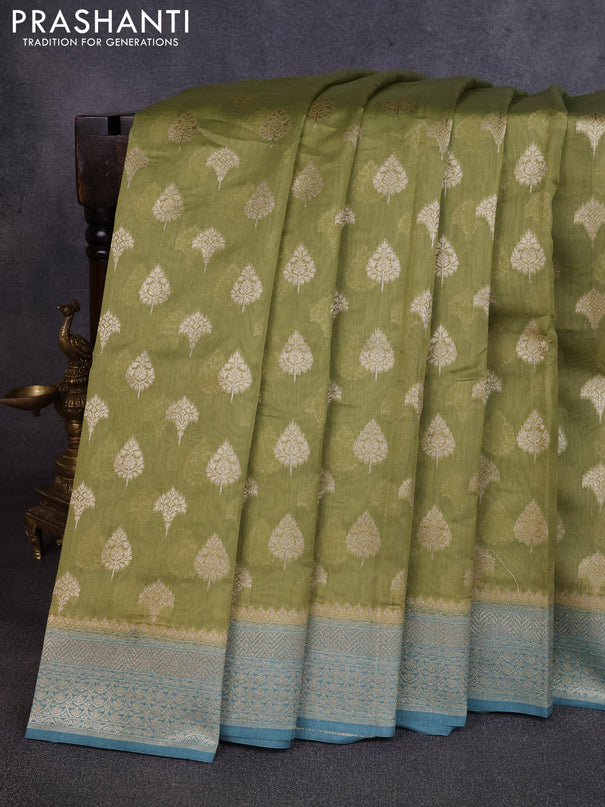 Banarasi silk cotton saree pista green with allover thread & zari woven buttas and woven border