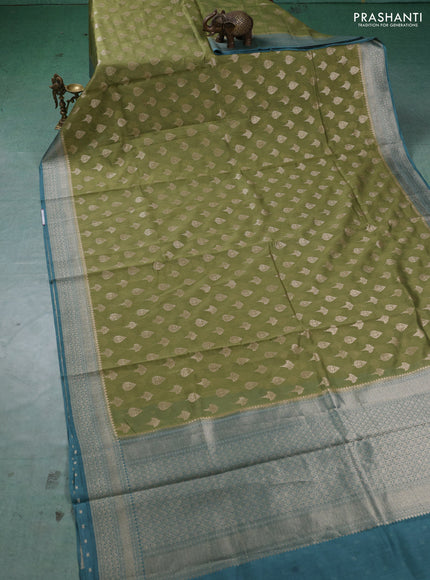 Banarasi silk cotton saree pista green with allover thread & zari woven buttas and woven border