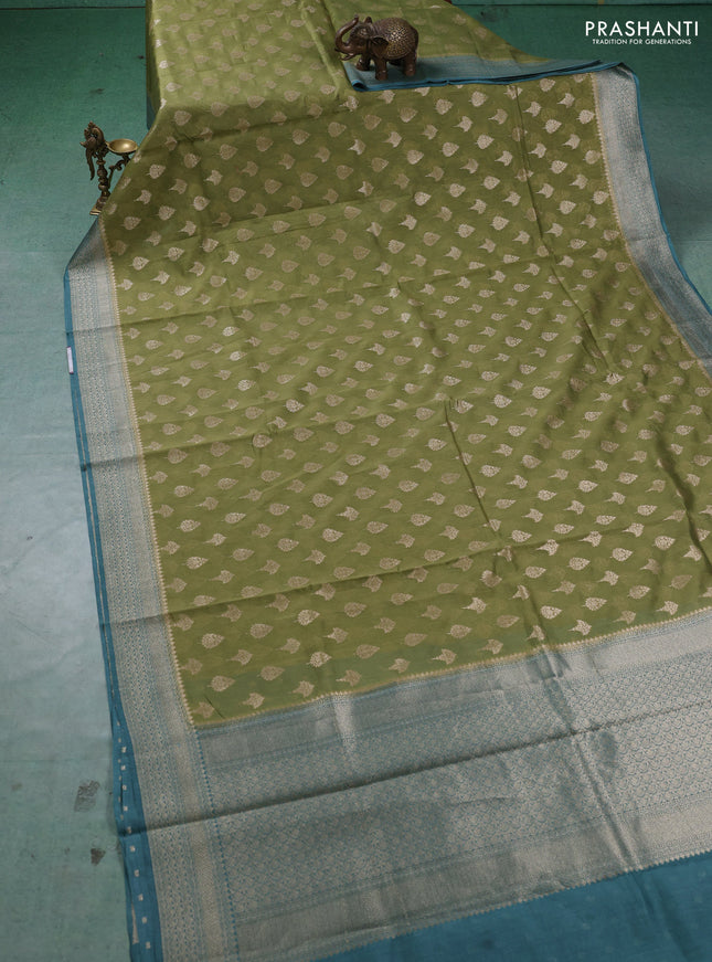 Banarasi silk cotton saree pista green with allover thread & zari woven buttas and woven border