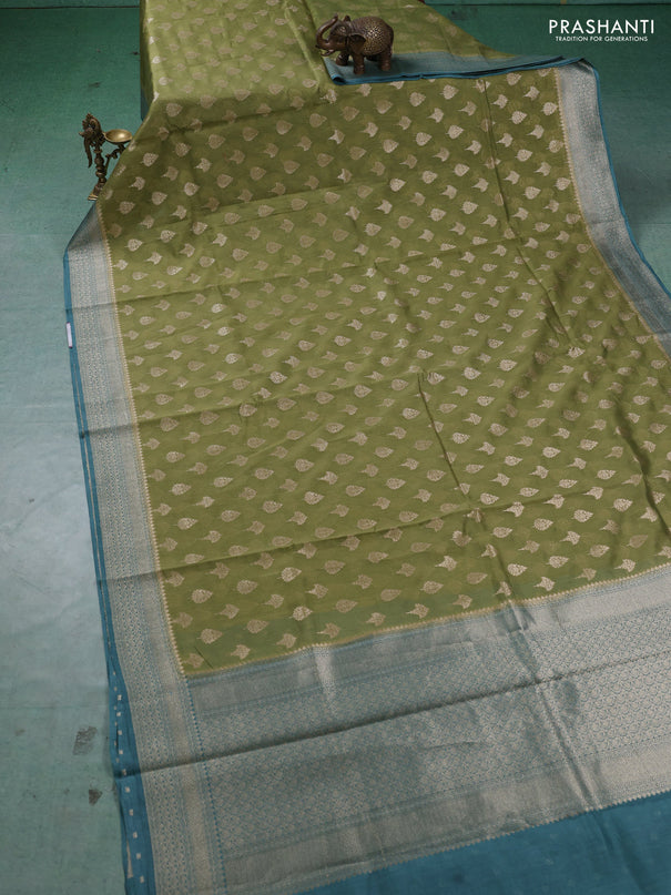 Banarasi silk cotton saree pista green with allover thread & zari woven buttas and woven border