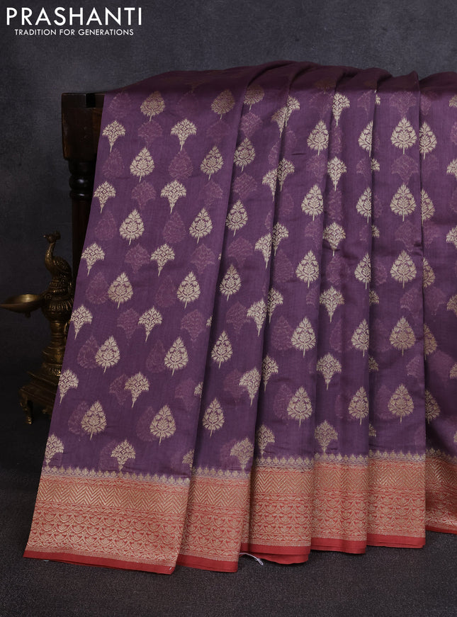 Banarasi silk cotton saree pastel purple with allover thread & zari woven buttas and woven border
