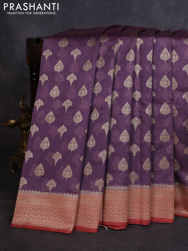 Banarasi silk cotton saree pastel purple with allover thread & zari woven buttas and woven border