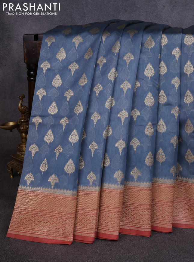 Banarasi silk cotton saree grey and rust shade with allover thread & zari woven buttas and woven border