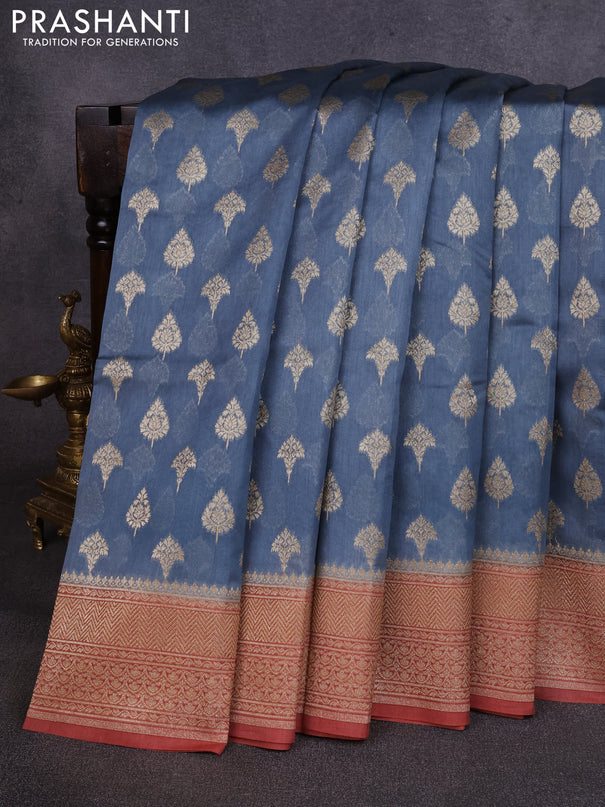 Banarasi silk cotton saree grey and rust shade with allover thread & zari woven buttas and woven border