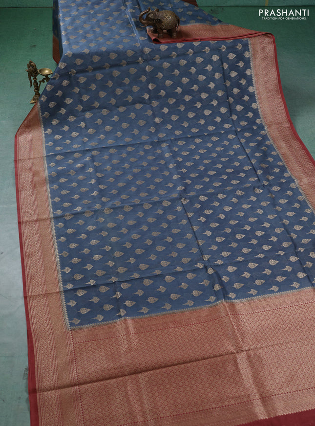 Banarasi silk cotton saree grey and rust shade with allover thread & zari woven buttas and woven border