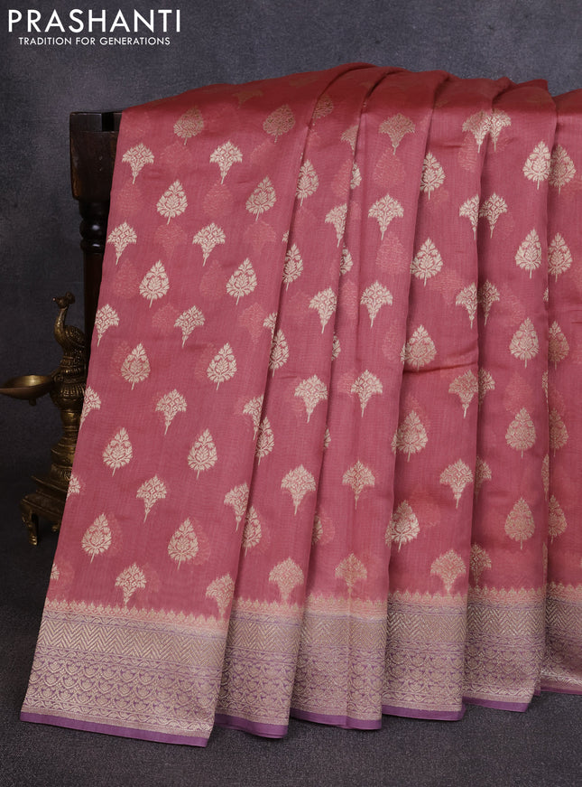 Banarasi silk cotton saree dark peach and pastel purple with allover thread & zari woven buttas and woven border