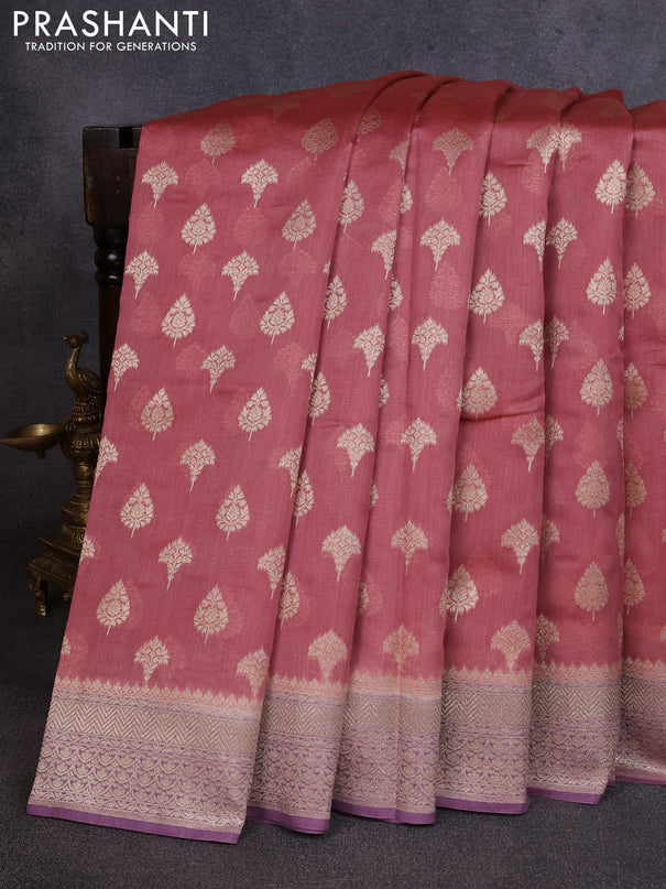 Banarasi silk cotton saree dark peach and pastel purple with allover thread & zari woven buttas and woven border