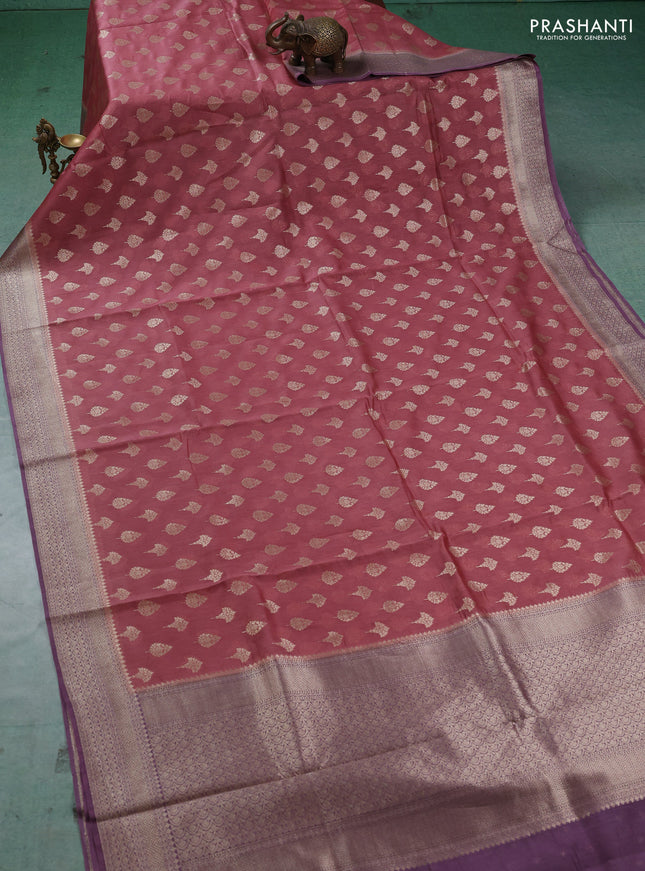 Banarasi silk cotton saree dark peach and pastel purple with allover thread & zari woven buttas and woven border