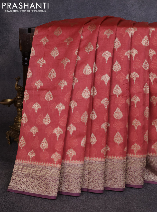 Banarasi silk cotton saree rust shade and purple with allover thread & zari woven buttas and woven border